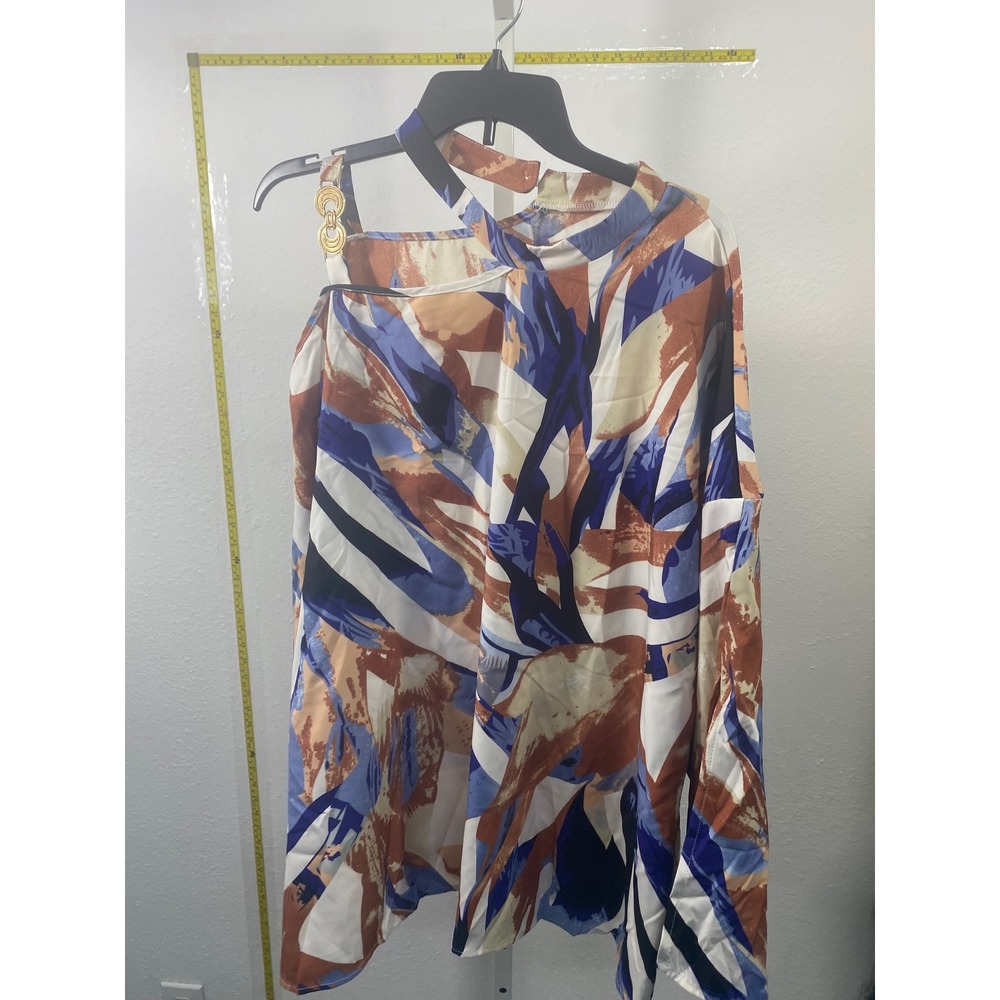 Abstract Print Asymmetric Cold Shoulder Blouse Gold Chain Detail Blue Tan Top